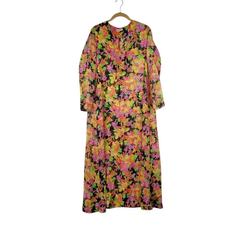 Eve Stillman Sheer Dark Floral Long Sleeve Gown Lightweight Vintage 1960s Size P